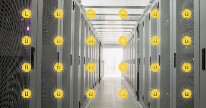 Digital composite image of padlocks against server room with copy space
