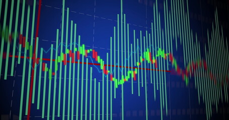 Image of financial data processing on blue background