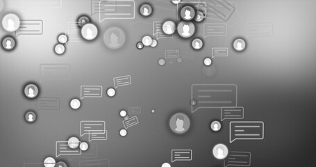 Fototapeta premium Image of media icons and speech bubbles on gray background