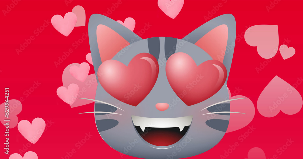 Poster image of red hearts icons floating and cat on red background