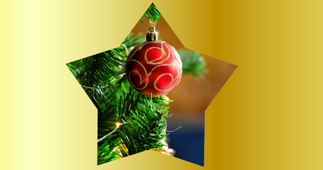Image of star shape frame with christmas tree in background