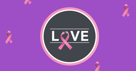 Image of love text with pink ribbon on purple background