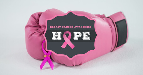 Image of breast cancer awareness text over pink boxing gloves