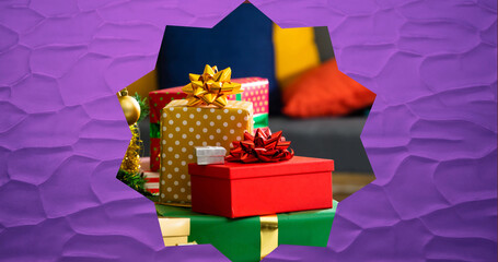 Image of star shape frame with christmas presents in background