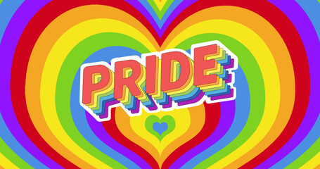 Image of pride text over rainbow hearts