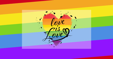 Image of love is love text with heart over rainbow stripes