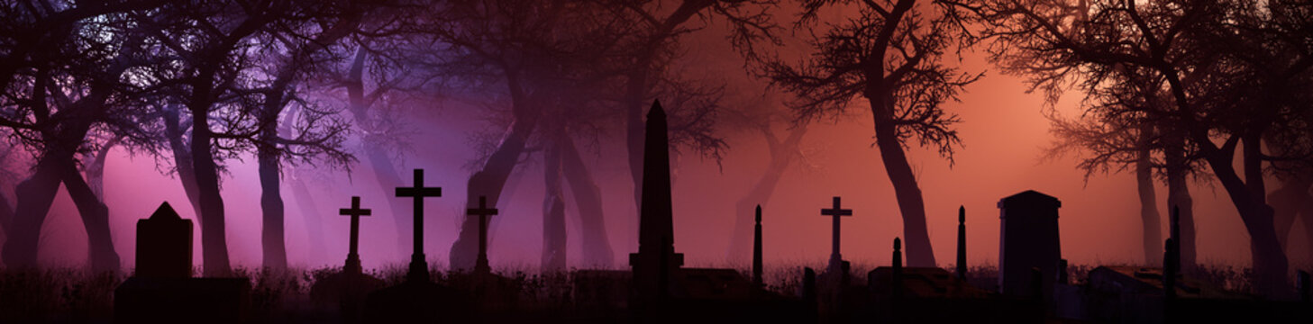 Creepy Churchyard at Night. Pink Halloween Banner with Gravestones and Trees.