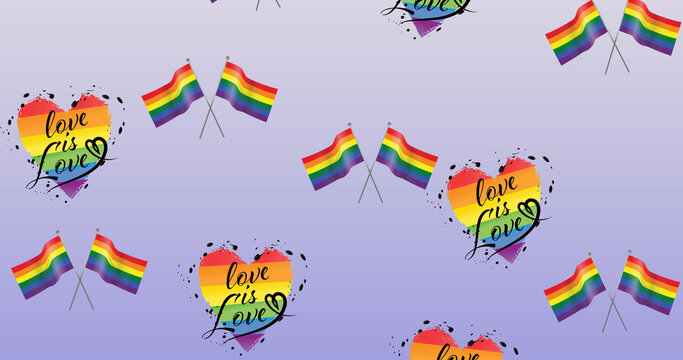 Image of rainbow flags and rainbow hearts on purple background