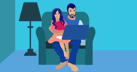 Image of family embracing on blue background