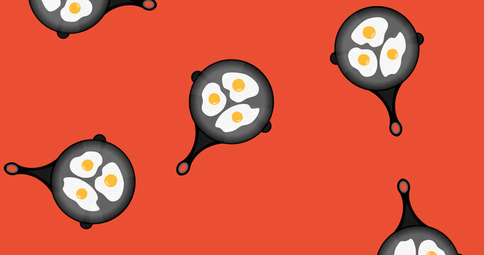 Composition of pan with eggs icons on red background