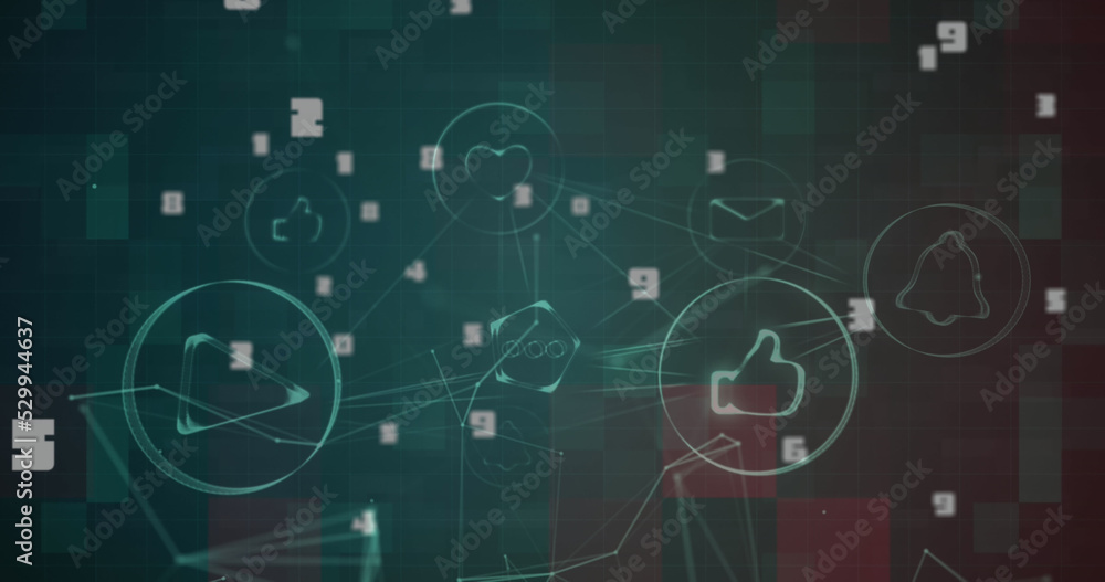 Poster multiple numbers changing against network of connections on green background