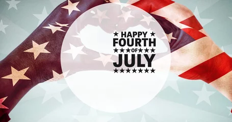 Foto op Canvas Image of happy 4th of july text with person making heart shape with hands over american flag © vectorfusionart