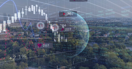 Image of social media icons and financial data processing over globe and cityscape