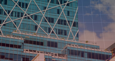 Image of social media heart icons and financial data processing over cityscape