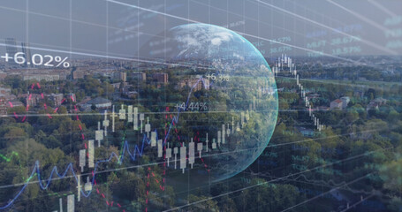 Image of social media icons and financial data processing over globe and cityscape