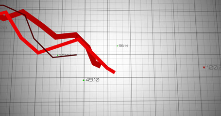 Fototapeta premium Image of red lines and financial data processing over grid