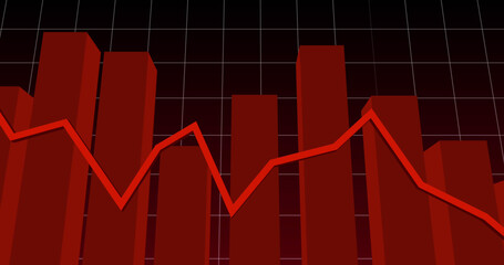 Image of red lines with statistics and financial data processing over grid