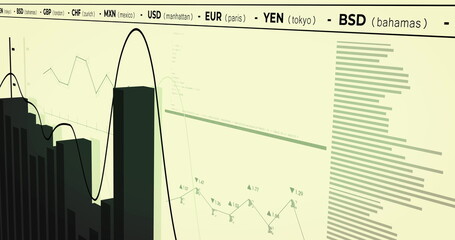 Image of financial data processing on yellow background