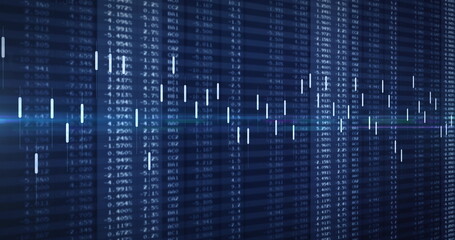 Image of stock market and numbers on blue background