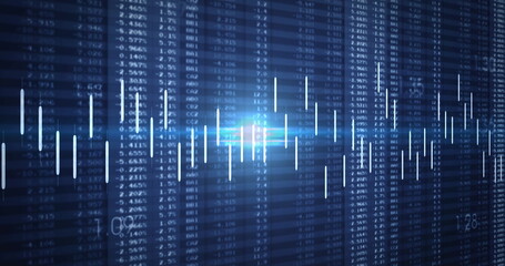 Image of stock market and numbers on blue background