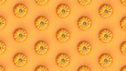 Pumpkin pattern on orange background. Thanksgiving pattern. Autumn wallpaper. Fall background. Pumpkin harvest. High quality 3D Rendering render