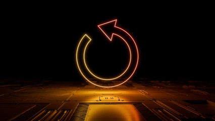 Orange and Yellow Reload Technology Concept with refresh symbol as a neon light. Vibrant colored icon, on a black background with high tech floor. 3D Render
