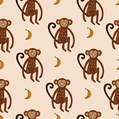 Seamless pattern with a cute monkey among palm trees. Vector illustration isolated on white background for your design