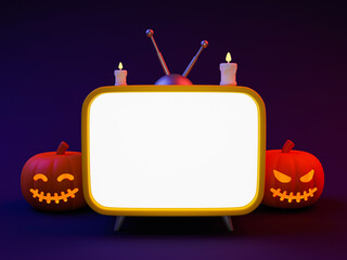 3d minimal horror Halloween theme. Halloween template. blank tv screen template. tv screen glowing with copy space and pumpkins beside the tv. 3d illustration.