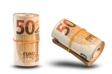 Roll of money isolated on white. A roll of 50 euro banknotes. Euro banknotes rolled up on a white...