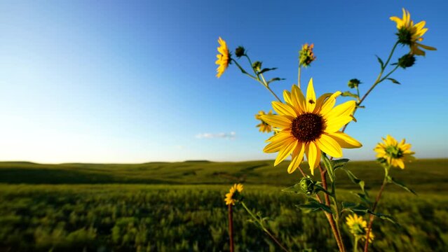 prairie sunflowers sway under cloudless sky with the sound and audio of a green grassland ranch landscape