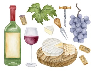 Watercolor red wine set. Wine testing clipart. Wine bottle, winegalss, corkscrew, grape, cheese board.