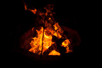 Winter night, Campfire burned brightly