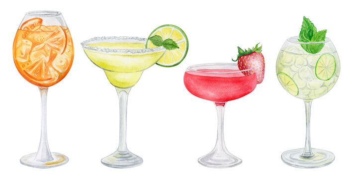 Alcohol cocktail collection. Watercolor illustration. Drinks clipart set on white background