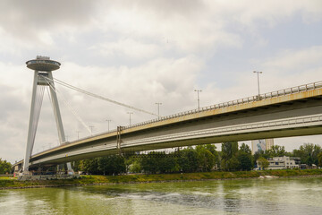 Bratislava, Slovakia - Aug 28, 2022:SNP Bridge, commonly called Most Slovenského národného povstania or UFO Bridge, and named Nový most from 1993 to 2012.
