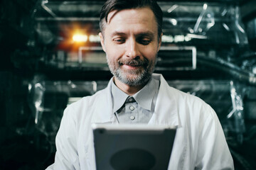 Engineer with tablet working at polymer factory