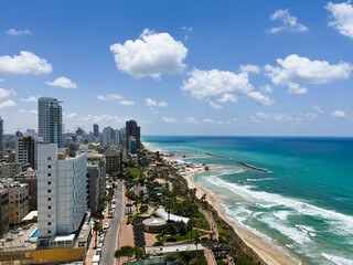 View of the waterfront coastline with hotels in Netanya in Israel.