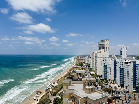 View of the waterfront coastline with hotels in Netanya in Israel.