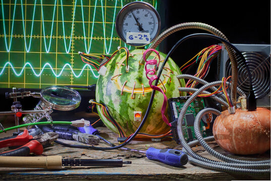 Cybernetic vegetables. Electronic Halloween. The pumpkin is connected to the computer. Electronic Watermelon and melon. Vegetable cyber-punk.