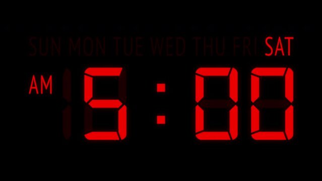 Loopable: Red LED digital clock displays the current time at Saturday in 12-hours AM/PM format updating 1 minute per frame. Animated digits on black background.