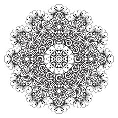 Circular pattern in form of mandala for Henna, Mehndi, tattoo, decoration. Decorative ornament in ethnic oriental style. Coloring book page.