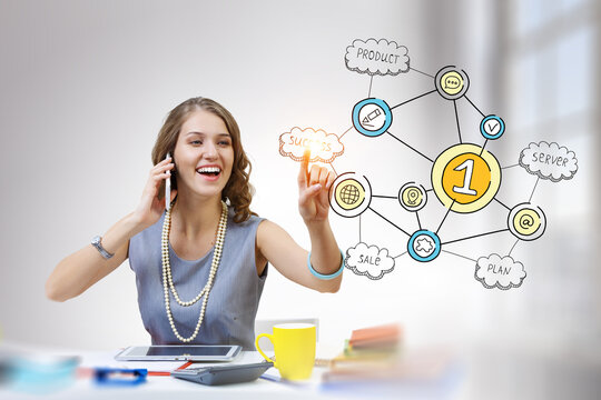 Businesswoman and sketch drawn against a white background.