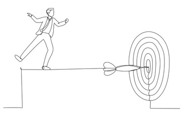 One line art style of businessman acrobat walk on rope to reach bullseye dart target

