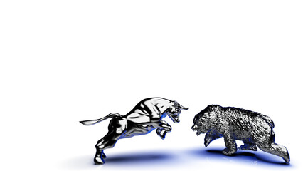 Metallic silver bull and bear sculpture staring at each other in dramatic contrasting light representing financial market trends under white background. Concept 3D CG of stock market. PNG file format.