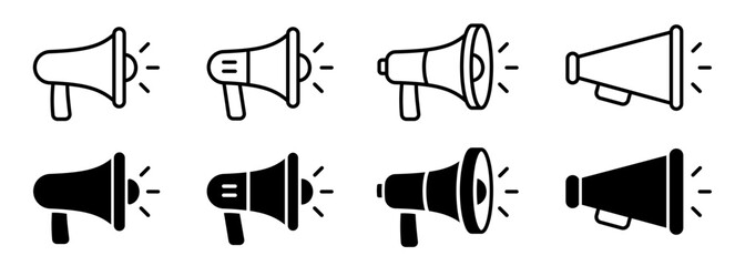 Loudspeaker megaphone icon set. Megaphone icon set. Electric megaphone with sound or marketing advertising. Megaphone icon, loud speaker icon - obrazy, fototapety, plakaty