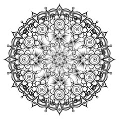Circular pattern in form of mandala for Henna, Mehndi, tattoo, decoration. Decorative ornament in ethnic oriental style. Coloring book page.