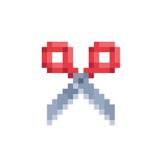 Scissors pixel art icon design for sticker, logo, web. Isolated on white background vector illustration.