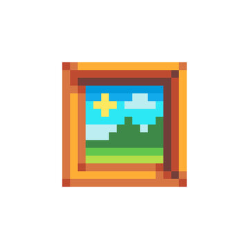 Landscape picture frame on the wall. Pixel art icon. Vector template. 8-bit. Isolated illustration. 