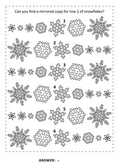 Winter puzzle and coloring page with rows of snowflakes: Can you find the row that is mirrored copy of row 1? Answer included.
