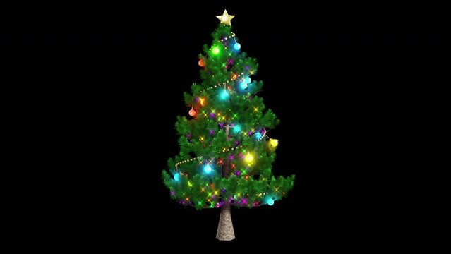 3d rendering motion looping of beautiful Christmas tree with a gold star and light decoration on black background with luma matte in the end section.