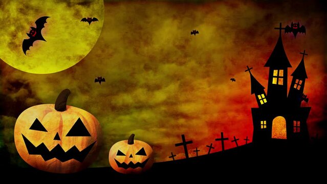 ハッピーハロウィン、黄色い背景にカボチャやコウモリの映像